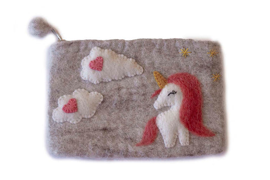 This Global Groove Life, handmade, ethical, fair trade, eco-friendly, sustainable, grey felt zipper coin pouch was created by artisans in Kathmandu Nepal and is adorned with an adorable unicorn and heart cloud motif.