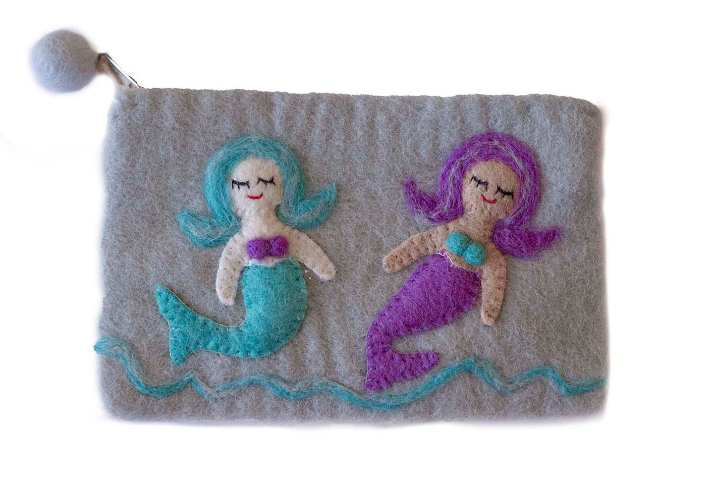This Global Groove Life, handmade, ethical, fair trade, eco-friendly, sustainable, grey felt zipper coin pouch was created by artisans in Kathmandu Nepal and is adorned with an adorable mermaid motif.