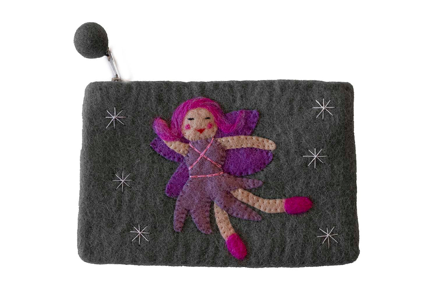 This Global Groove Life, handmade, ethical, fair trade, eco-friendly, sustainable, grey felt zipper coin pouch was created by artisans in Kathmandu Nepal and is adorned with an adorable fairy with stars motif.