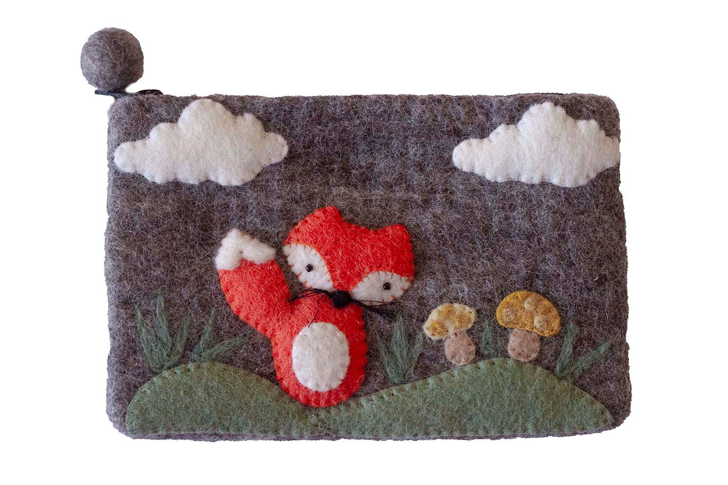 This Global Groove Life, handmade, ethical, fair trade, eco-friendly, sustainable, grey felt zipper coin pouch was created by artisans in Kathmandu Nepal and is adorned with an adorable fox and mushroom motif.