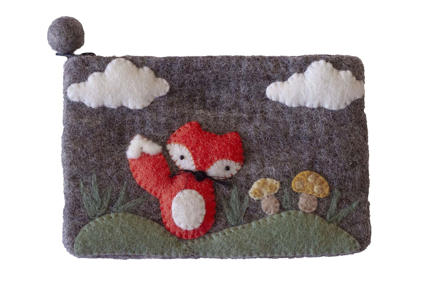 This Global Groove Life, handmade, ethical, fair trade, eco-friendly, sustainable, grey felt zipper coin pouch was created by artisans in Kathmandu Nepal and is adorned with an adorable fox and mushroom motif.