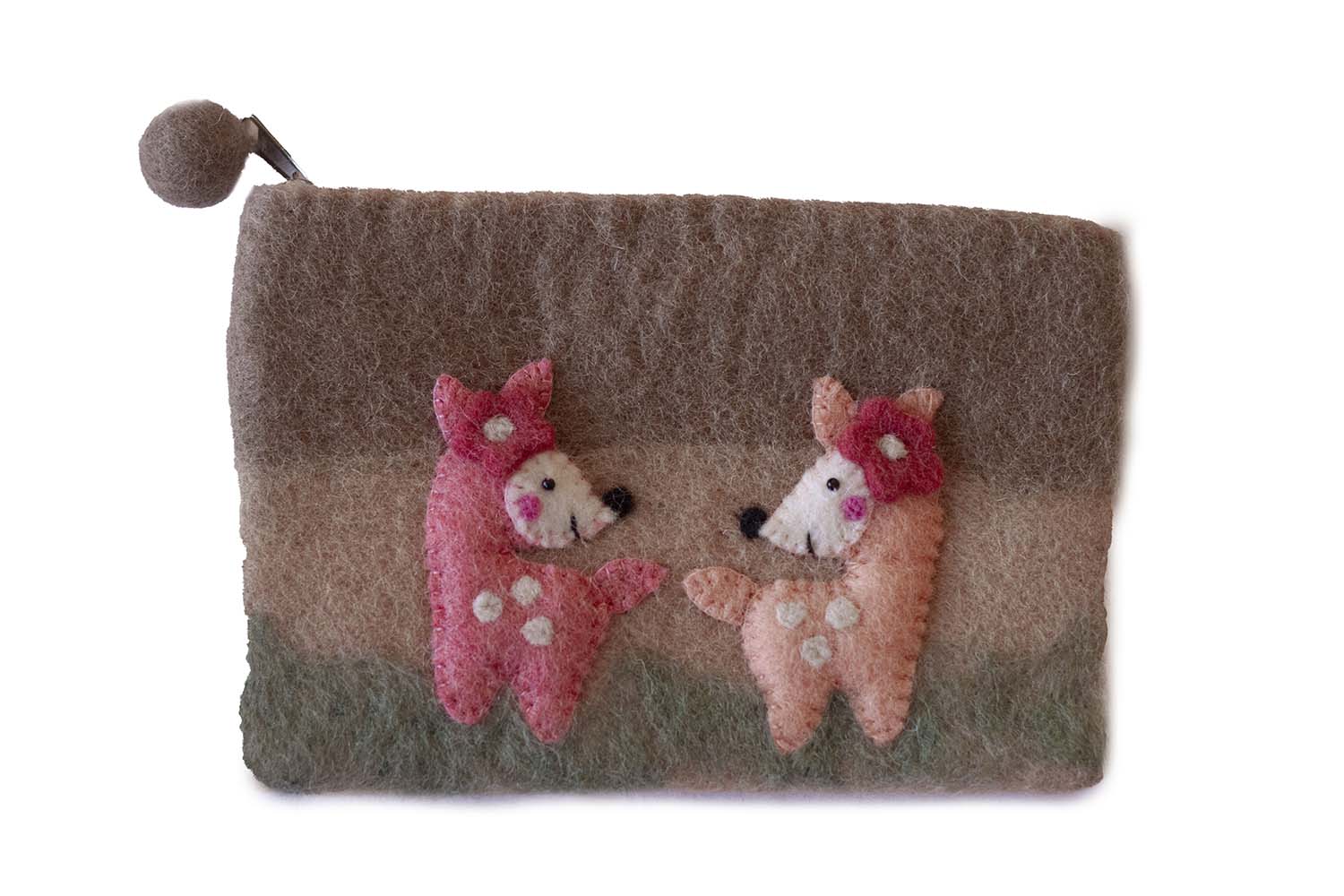 This Global Groove Life, handmade, ethical, fair trade, eco-friendly, sustainable, green felt zipper coin pouch was created by artisans in Kathmandu Nepal and is adorned with an adorable fawn deer motif.
