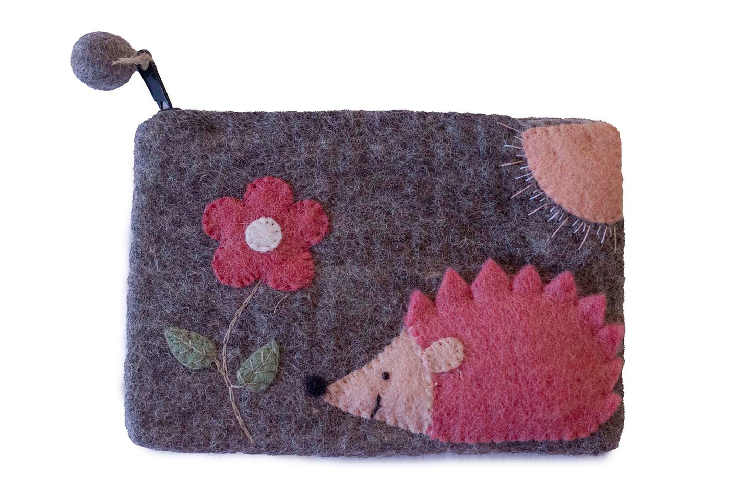 This Global Groove Life, handmade, ethical, fair trade, eco-friendly, sustainable, grey felt zipper coin pouch was created by artisans in Kathmandu Nepal and is adorned with an adorable hedgehog, flower and sun motif.