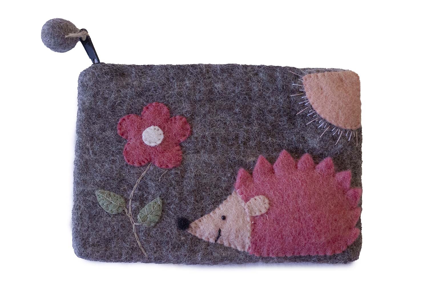 This Global Groove Life, handmade, ethical, fair trade, eco-friendly, sustainable, grey felt zipper coin pouch was created by artisans in Kathmandu Nepal and is adorned with an adorable hedgehog, flower and sun motif.
