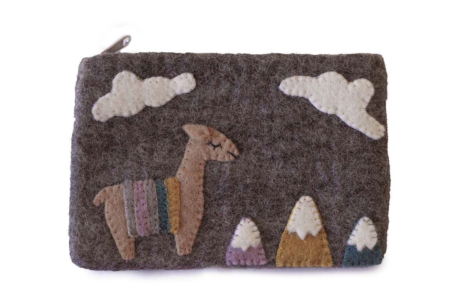 This Global Groove Life, handmade, ethical, fair trade, eco-friendly, sustainable, grey felt zipper coin pouch was created by artisans in Kathmandu Nepal and is adorned with an adorable Llama, mountain, and cloud motif.