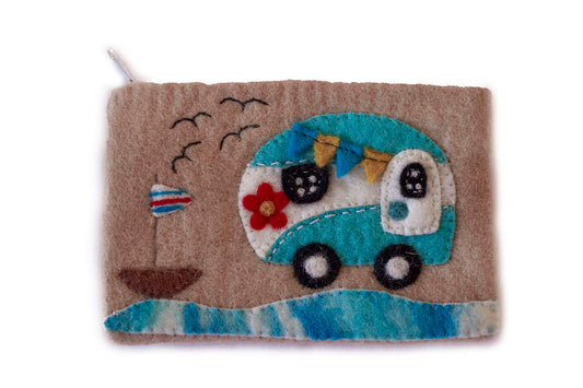 This Global Groove Life, handmade, ethical, fair trade, eco-friendly, sustainable, sand colored felt zipper coin pouch was created by artisans in Kathmandu Nepal and is adorned with an adorable camper van beach motif.
