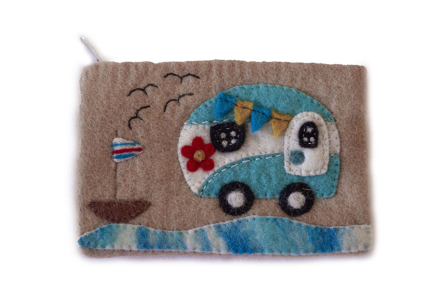 This Global Groove Life, handmade, ethical, fair trade, eco-friendly, sustainable, sand colored felt zipper coin pouch was created by artisans in Kathmandu Nepal and is adorned with an adorable camper van beach motif.