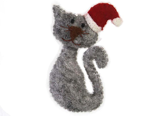 This Global Groove Life, handmade, ethical, fair trade, eco-friendly, sustainable, grey felt kitty ornament with Santa hat was created by artisans in Kathmandu Nepal and will be a beautiful addition to your Christmas tree this holiday season.