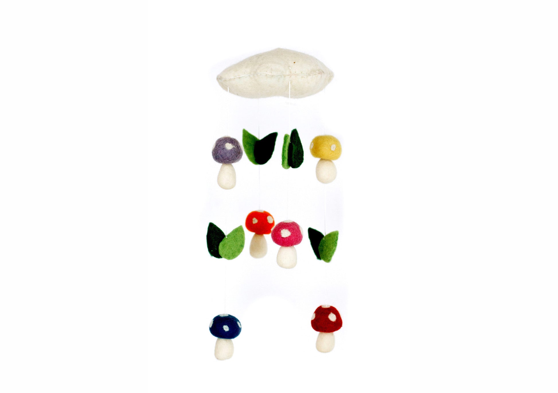 This Global Groove Life, handmade, ethical, fair trade, eco-friendly, sustainable, White Cloud felt mobile, with yellow, pink, red, orange, purple and blue mushrooms, was created by artisans in Kathmandu Nepal and will be a beautiful and fun addition to your home.