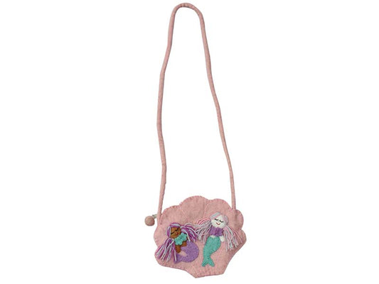 This Global Groove Life, handmade, ethical, fair trade, eco-friendly, sustainable, pink felt shoulder bag was created by artisans in Kathmandu Nepal and is adorned with an adorable double mermaid motif.