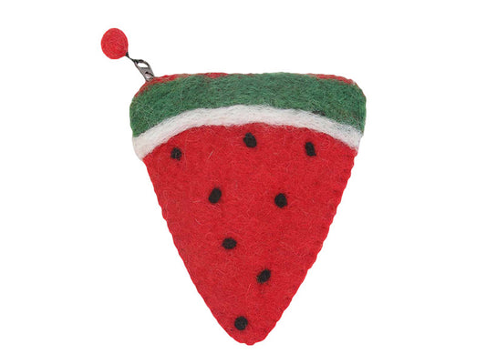 This Global Groove Life, handmade, ethical, fair trade, eco-friendly, sustainable, 100% New Zealand wool,  red, green & white colored, Watermelon purse, zipper coin purse was created by artisans in Kathmandu Nepal