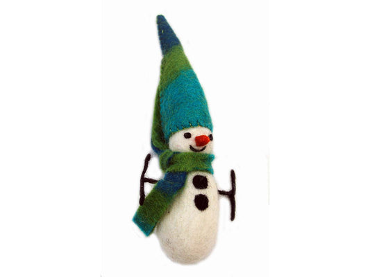 This Global Groove Life, handmade, ethical, fair trade, eco-friendly, sustainable, blue and green felt, nordic snowman ornament was created by artisans in Kathmandu Nepal and will be a beautiful addition to your Christmas tree this holiday season.