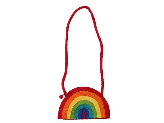 This Global Groove Life, handmade, ethical, fair trade, eco-friendly, sustainable, rainbow colored, felt shoulder bag was created by artisans in Kathmandu Nepal and is adorned with an adorable rainbow motif.