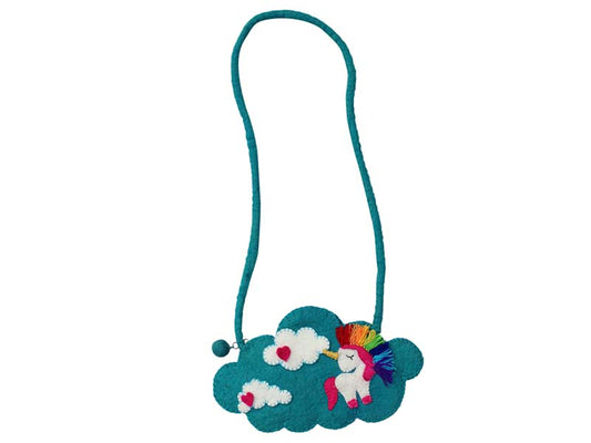 This Global Groove Life, handmade, ethical, fair trade, eco-friendly, sustainable,  turquoise felt shoulder bag was created by artisans in Kathmandu Nepal and is adorned with an adorable unicorn and heart cloud motif.