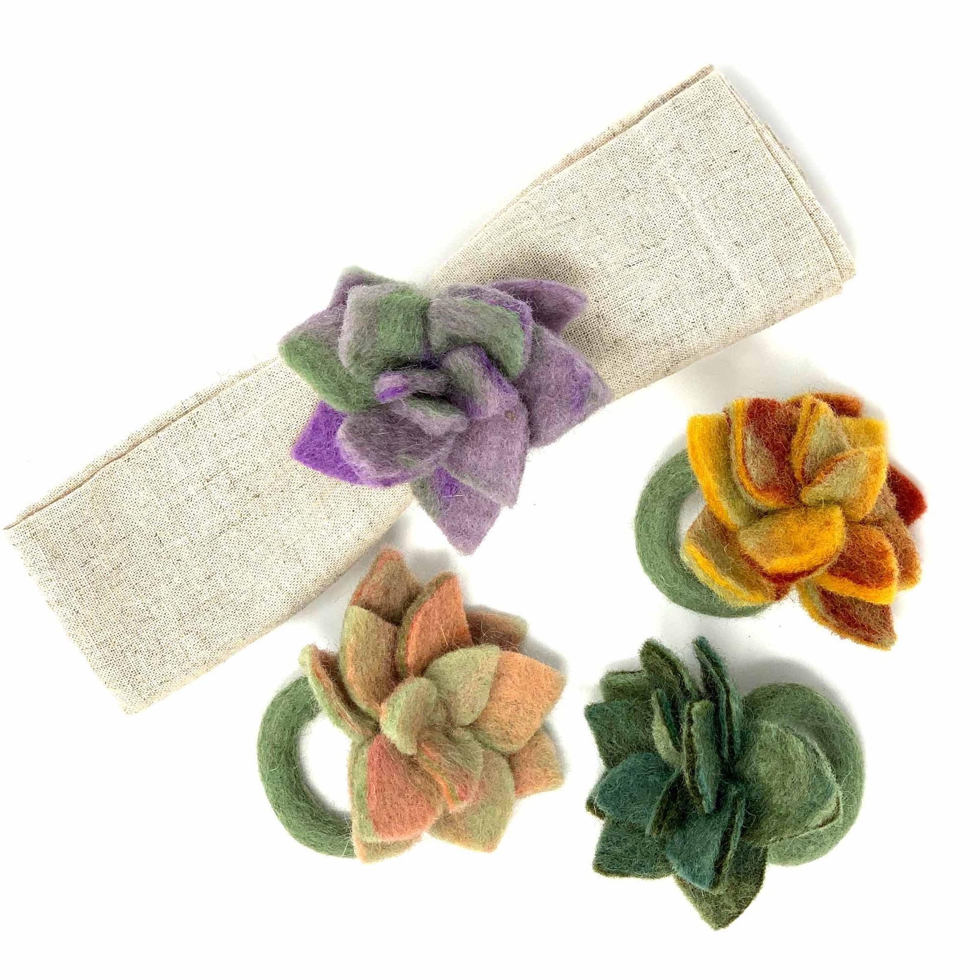 Hand-felted Succulent Napkin Rings, Set of Four Colors - Global Groove (T) - Global Groove Life