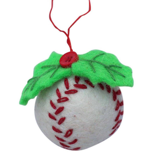 This Global Groove Life, handmade, ethical, fair trade, eco-friendly, sustainable, white, red, and green baseball ornament was created by artisans in Kathmandu Nepal and will be a beautiful addition to your Christmas tree this holiday season.