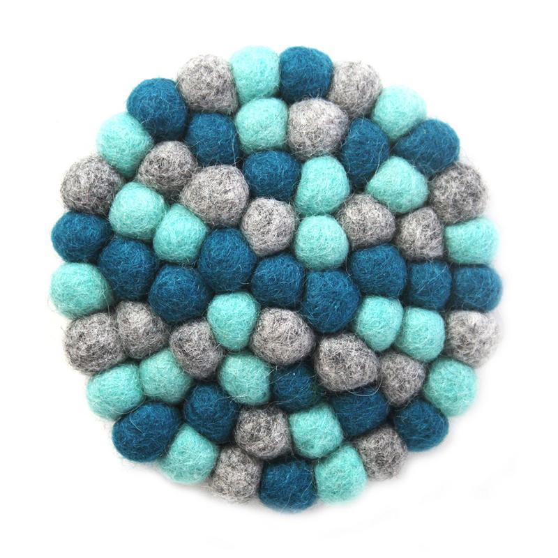 Hand Crafted Felt Ball Coasters from Nepal: 4-pack, Chakra Light Blues - Global Groove (T) - Global Groove Life