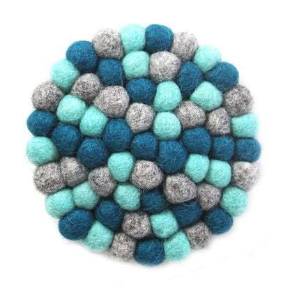 Hand Crafted Felt Ball Coasters from Nepal: 4-pack, Chakra Light Blues - Global Groove (T) - Global Groove Life